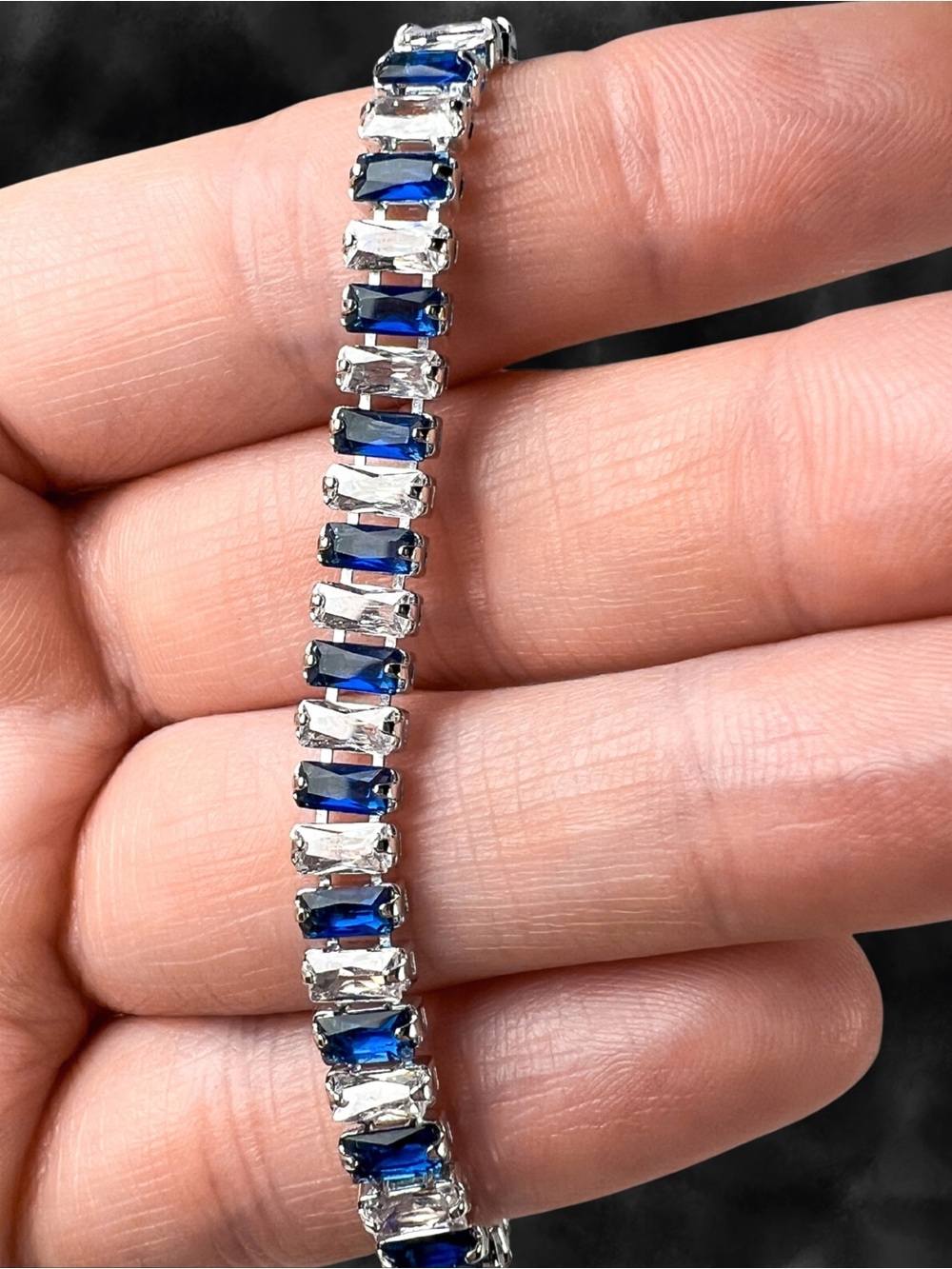 Sapphire Blue Clear Baguette Stone Tennis Bracelet Silver Tested 6.75”